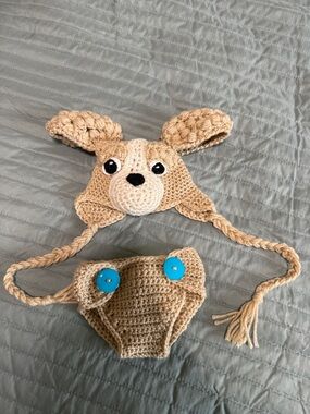 Handmade Cream Crochet PuppyHat & Diaper Cover With Tail Set for Kids